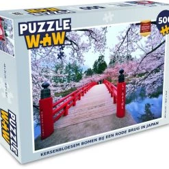 PuzzleWow Puzzel Kersenbloesem Bomen Bij Een Rode Brug In Japan - Legpuzzel - Puzzel 500 Stukjes - Sinterklaas Cadeautjes - Sinterklaas Voor Grote Kinderen